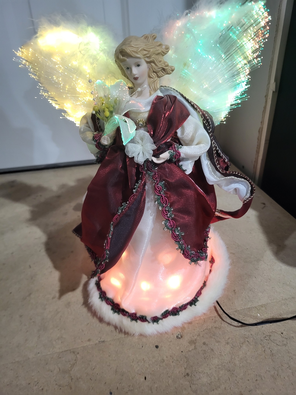 Holiday Angel   in Burgundy and White with Lighted Fiber-Optic Wings